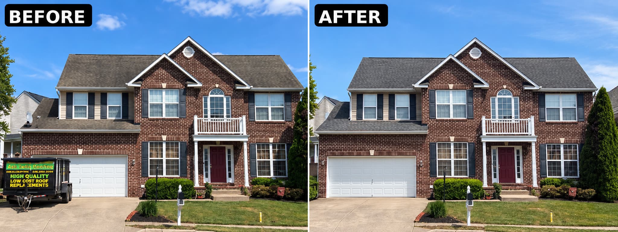 Before and after full tear-off roof replacement on a brick two-story home in Somerset, Locust Grove, VA.