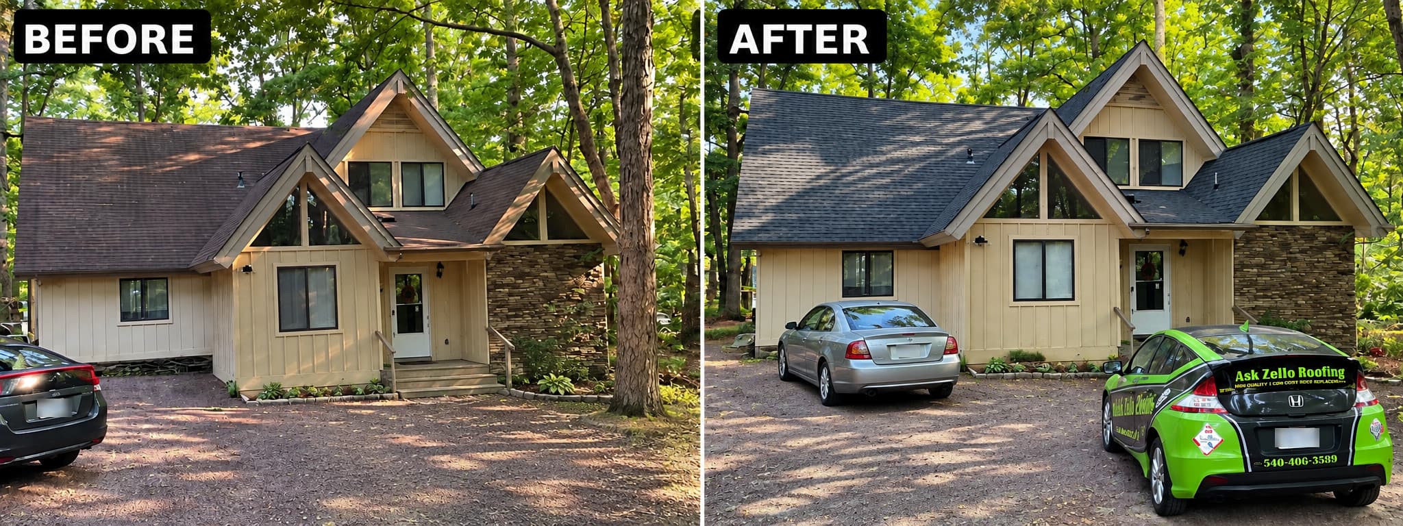 Before and after full tear-off roof replacement on an A-frame house.