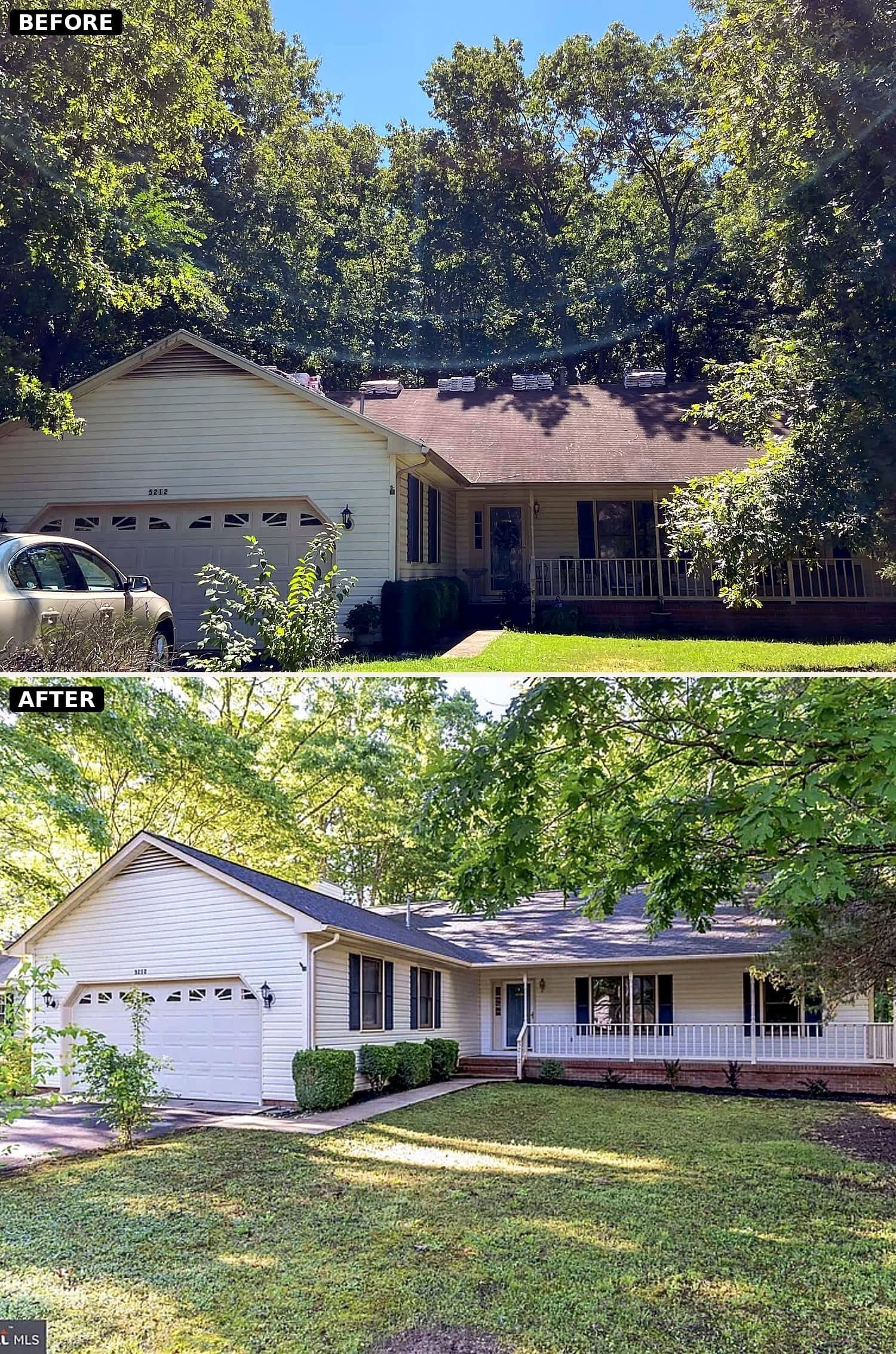 Before and after roof replacement, Fredericksburg, VA. GAF Timberline HDZ, Charcoal.