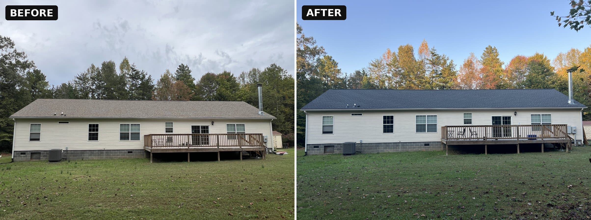 Before and after roof replacement on a one-story home in Locust Grove, VA, seen from the back yard.