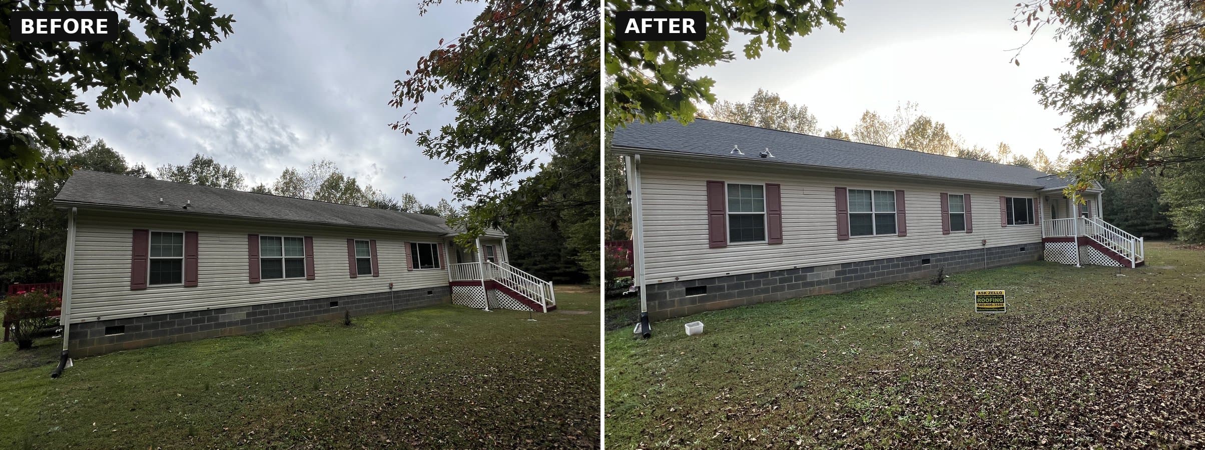 Before and after roof replacement on a one-story home in Locust Grove, VA, seen from the side.