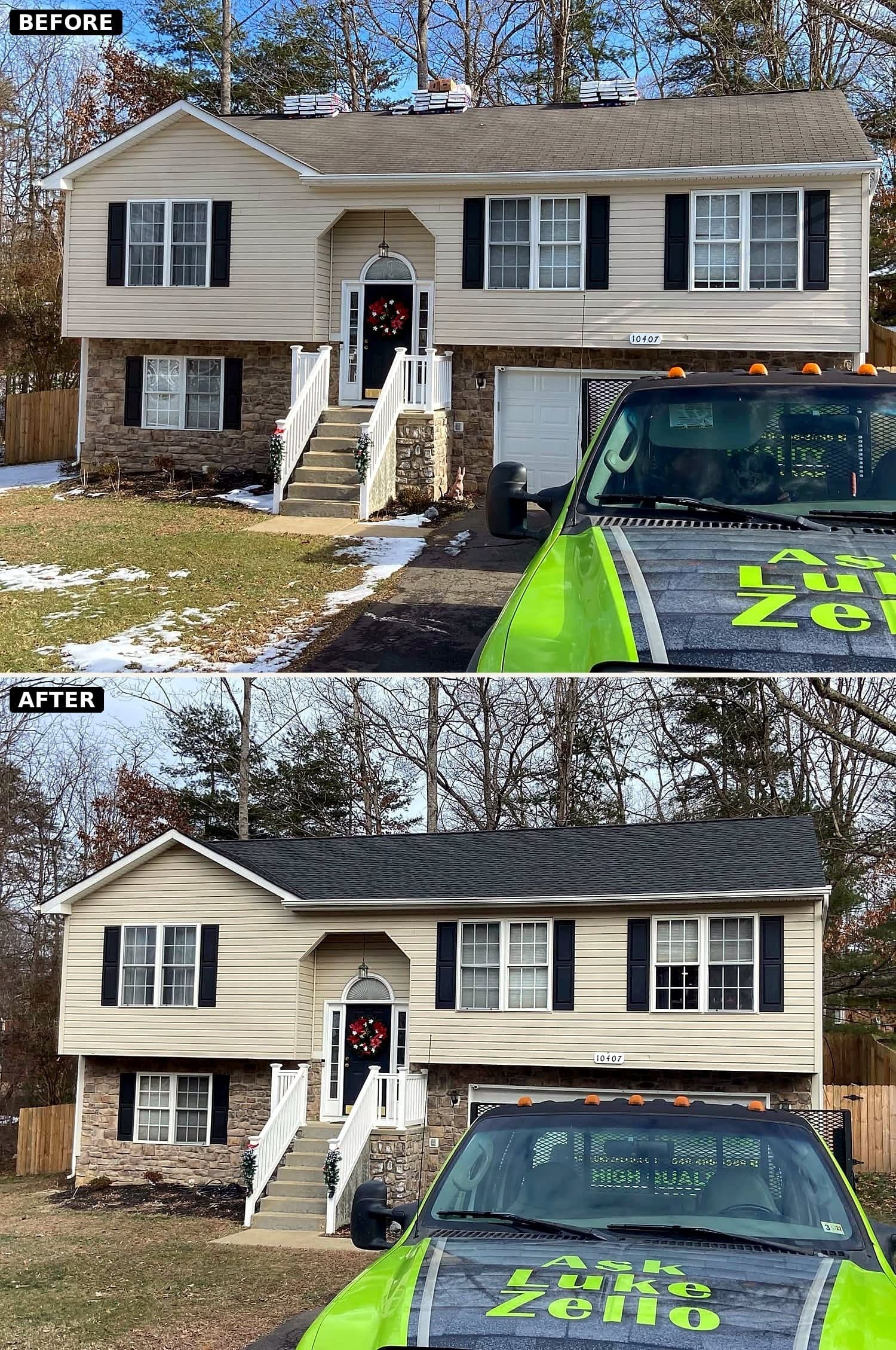 Before and after roof replacement, Spotsylvania, VA. GAF Timberline HDZ, Charcoal.