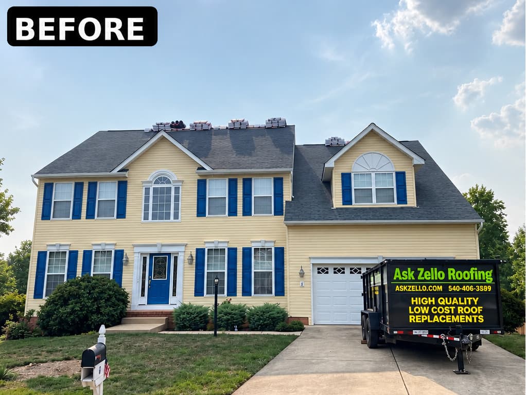 Before roof replacement on a two-story yellow colonial in Leeland Station, Stafford County, with the old roof; replaced with GAF Timberline HDZ Pewter Gray.