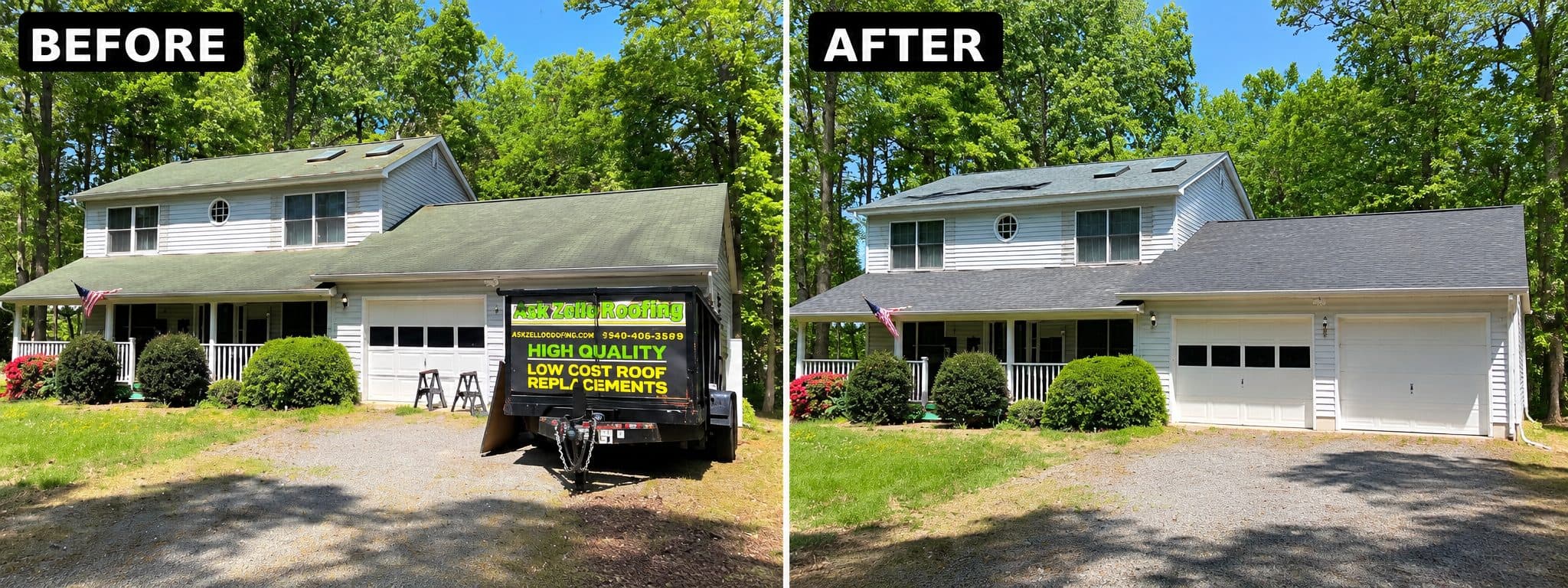 Before and after GAF Timberline HDZ Pewter Gray roof replacement on a two-story home in Lake of the Woods, Locust Grove, VA.