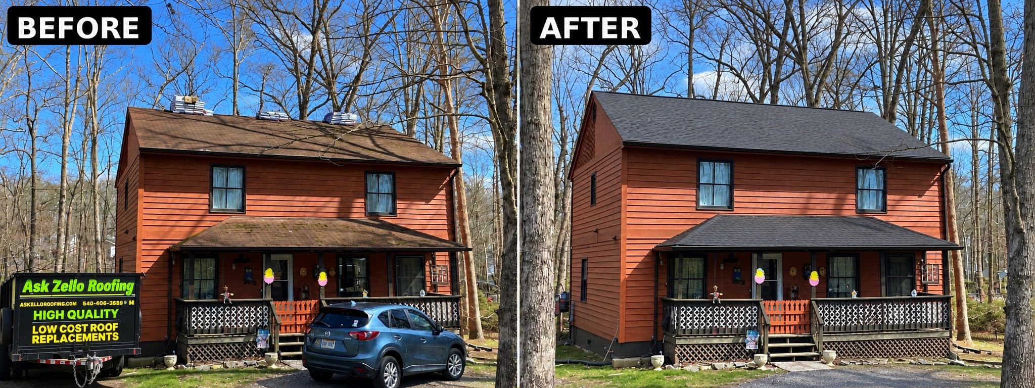 Before and after GAF Timberline HDZ Hickory roof replacement on an orange two-story home in Lake of the Woods, Locust Grove, VA.