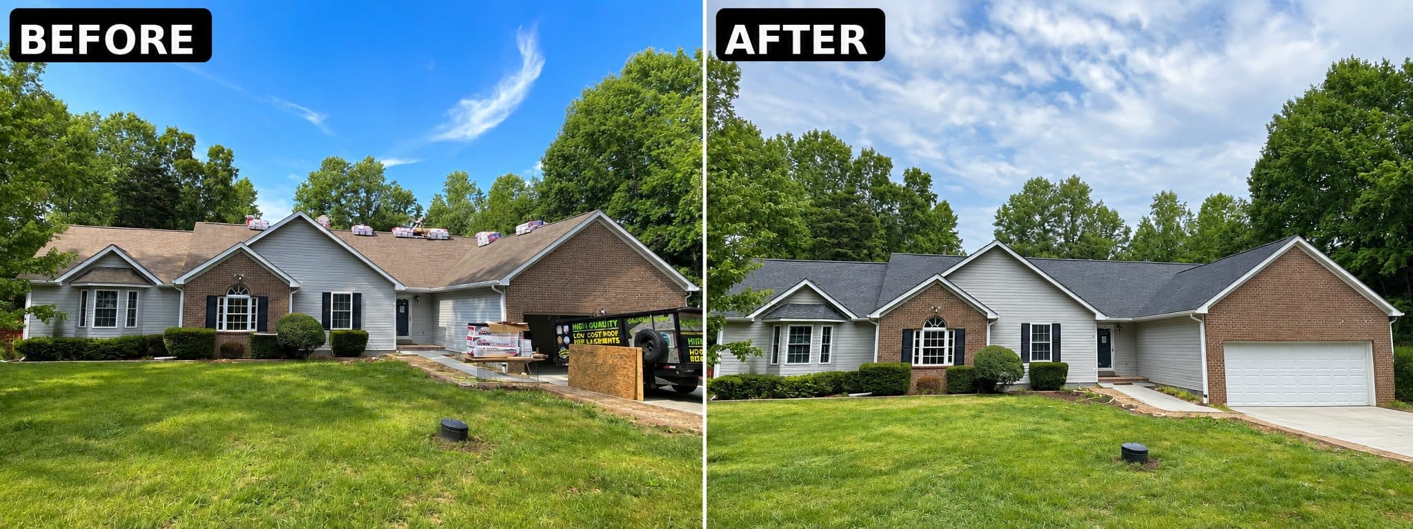 Before and after GAF Timberline HDZ Charcoal roof replacement on a large ranch in Lake of the Woods, Locust Grove, VA.