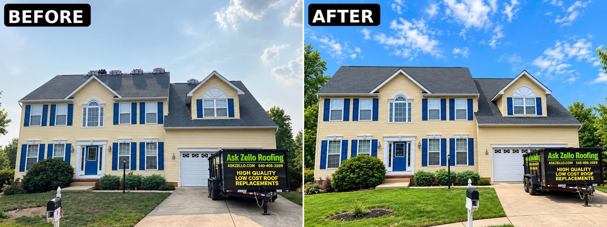 Before and after GAF Timberline HDZ Pewter Gray roof replacement on a yellow colonial in Lake of the Woods, Locust Grove, VA.